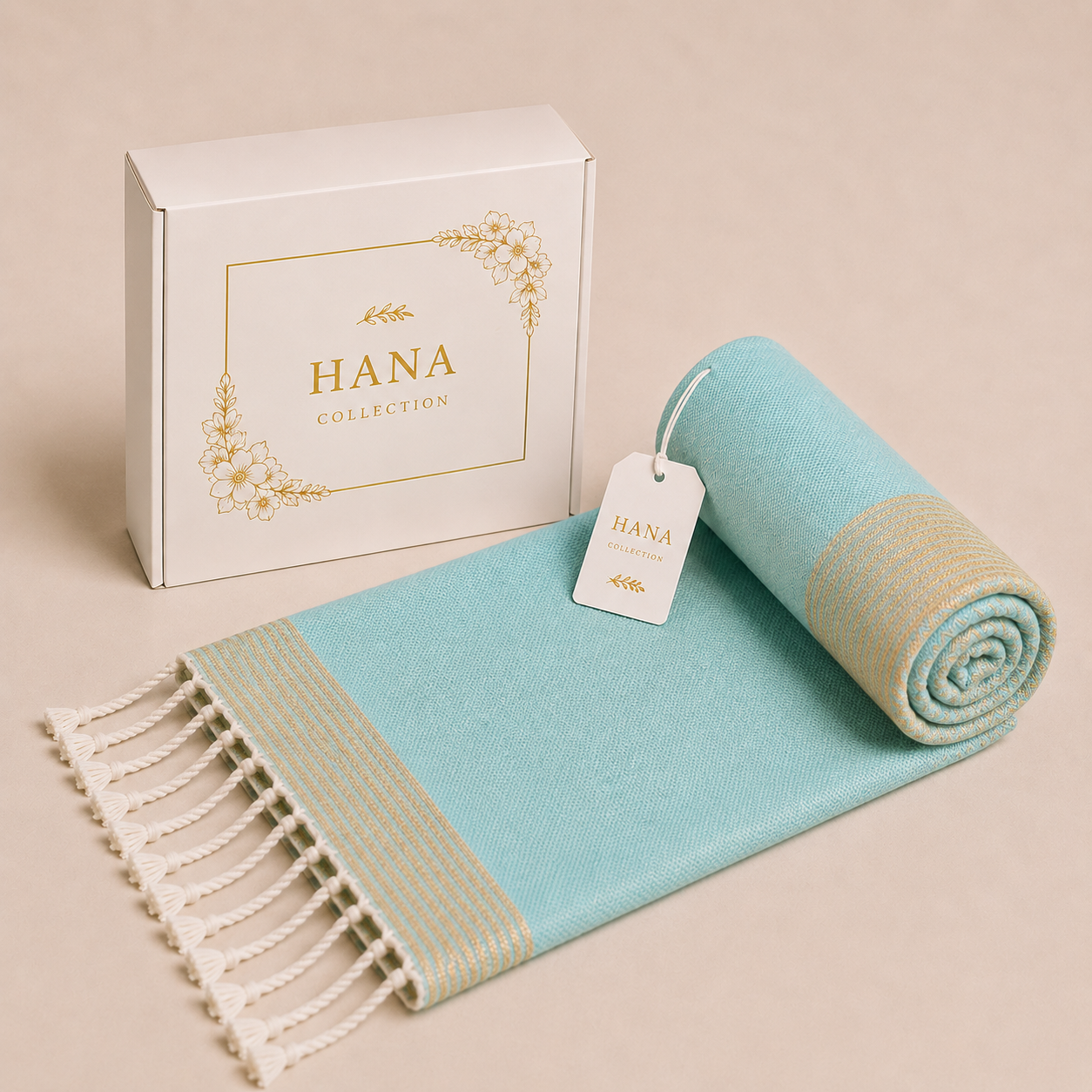 Fouta Prestige Doré – Bleu Lagon | 100 x 200 cm